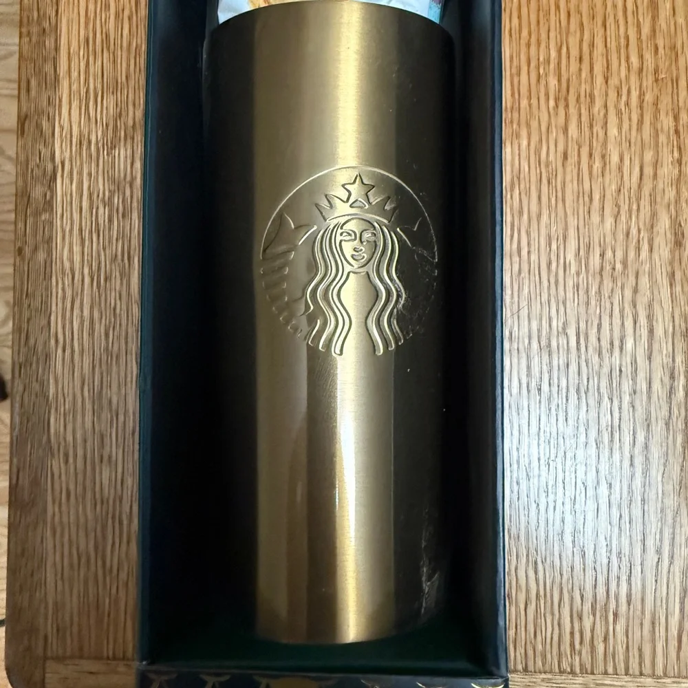 Starbucks Gold Travel Mug Gift set Caffè Verona Metal  Gold Cup Clear Lid NEW